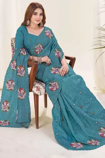 Turquoise georgette embroidered thread work heavy look ethnic saree with blouse
