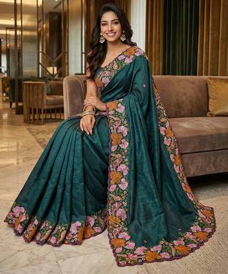 Green manipuri silk embroidered thread work heavy look ethnic saree with blouse 4