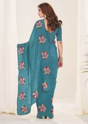 Turquoise georgette embroidered thread work heavy look ethnic saree with blouse 4
