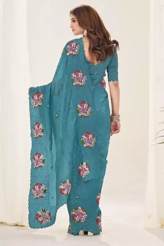Turquoise georgette embroidered thread work heavy look ethnic saree with blouse