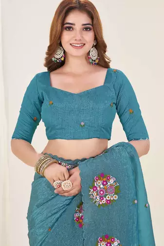 Turquoise georgette embroidered thread work heavy look ethnic saree with blouse