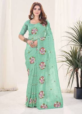 Green georgette embroidered thread work heavy look ethnic saree with blouse 1