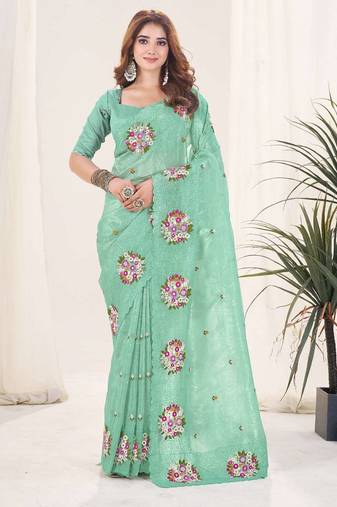 Green georgette embroidered thread work heavy look ethnic saree with blouse