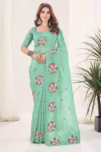 Green georgette embroidered thread work heavy look ethnic saree with blouse
