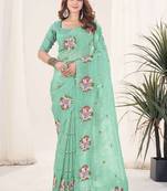 Green georgette embroidered thread work heavy look ethnic saree with blouse