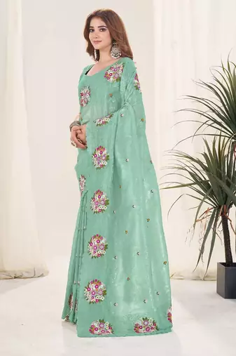 Green georgette embroidered thread work heavy look ethnic saree with blouse