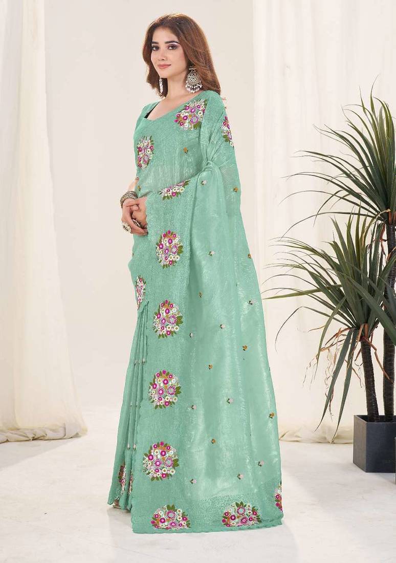 Green georgette embroidered thread work heavy look ethnic saree with blouse