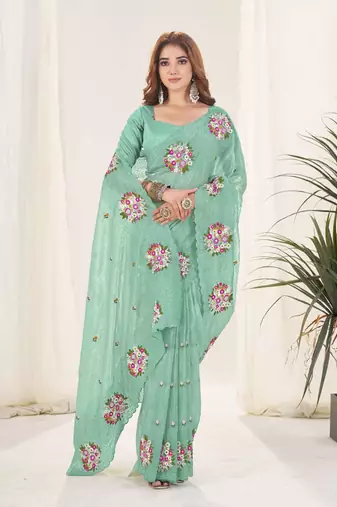 Green georgette embroidered thread work heavy look ethnic saree with blouse