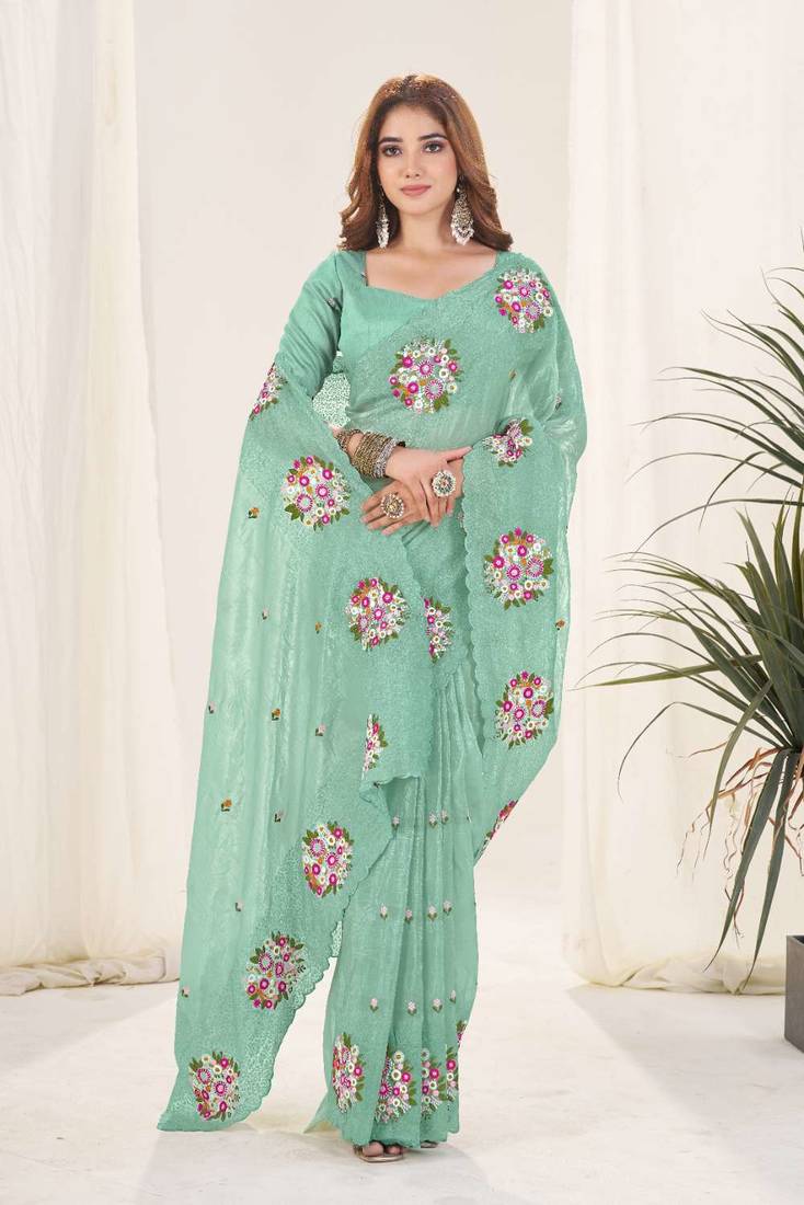 Green georgette embroidered thread work heavy look ethnic saree with blouse