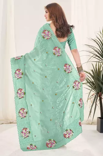 Green georgette embroidered thread work heavy look ethnic saree with blouse