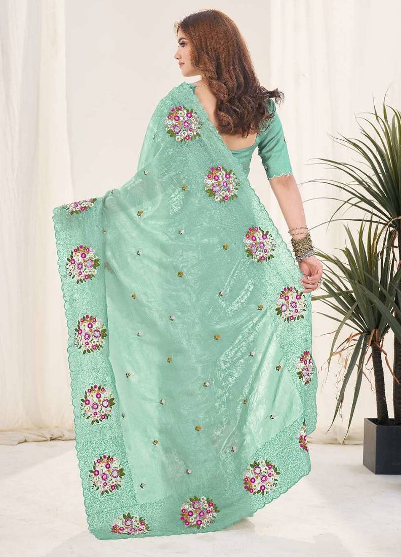 Green georgette embroidered thread work heavy look ethnic saree with blouse