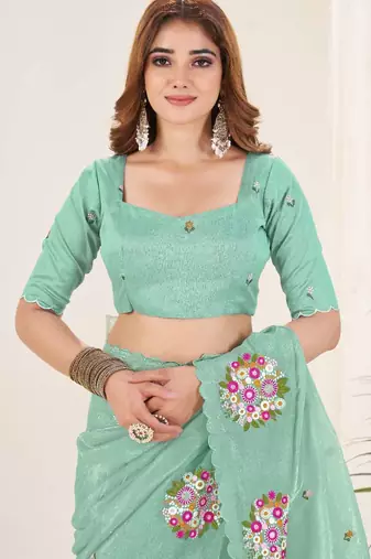 Green georgette embroidered thread work heavy look ethnic saree with blouse