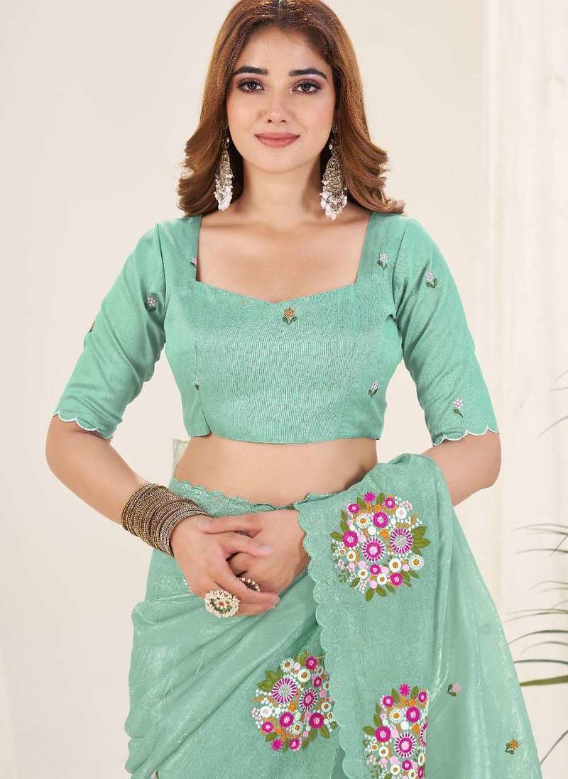 Green georgette embroidered thread work heavy look ethnic saree with blouse