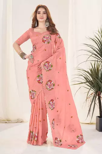 Peach georgette embroidered thread work heavy look ethnic saree with blouse