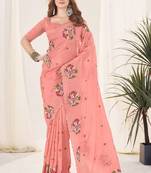Peach georgette embroidered thread work heavy look ethnic saree with blouse