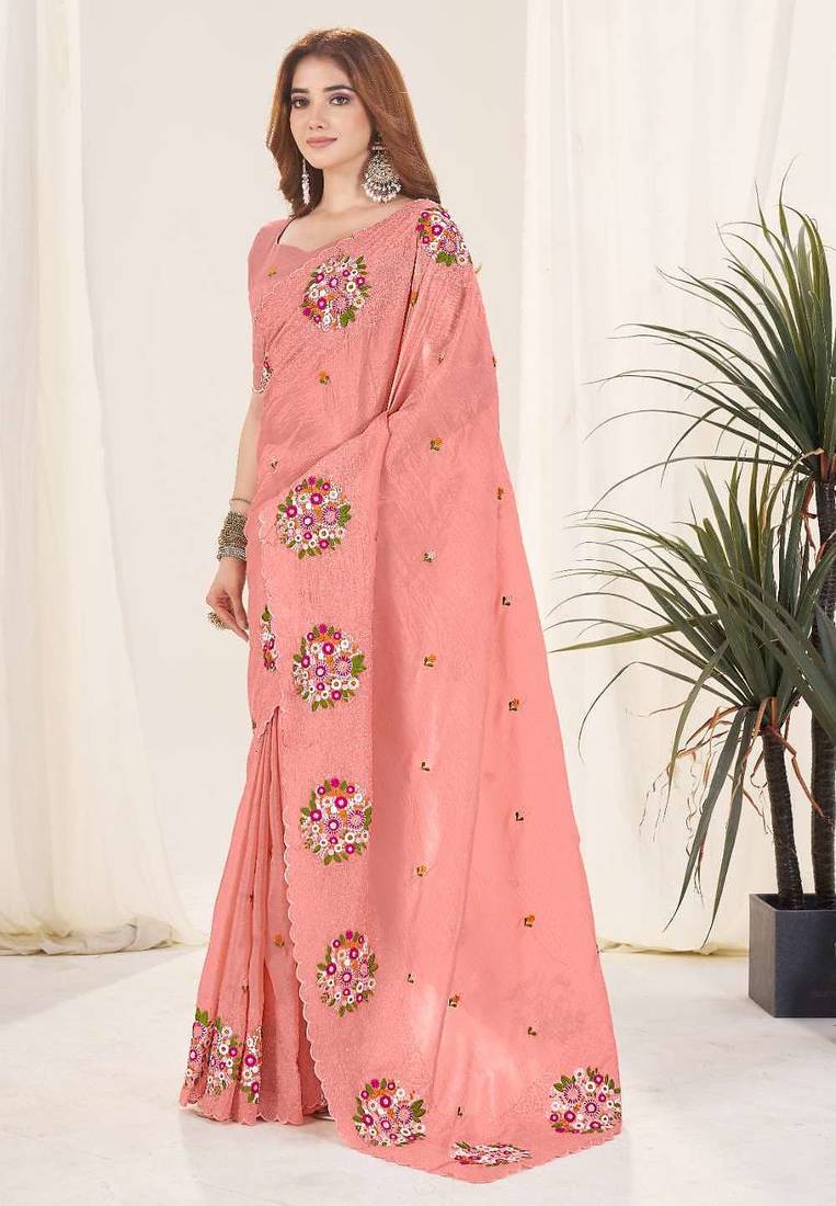 Peach georgette embroidered thread work heavy look ethnic saree with blouse