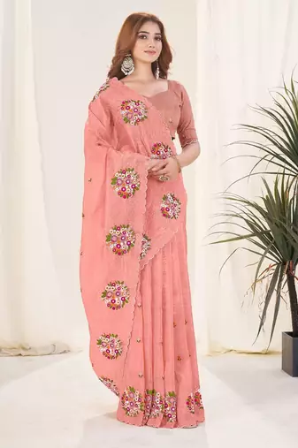 Peach georgette embroidered thread work heavy look ethnic saree with blouse
