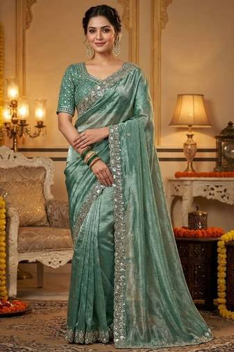Green satin embroidered sequins work heavy look ethnic saree with blouse
