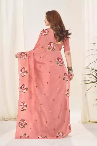 Peach georgette embroidered thread work heavy look ethnic saree with blouse