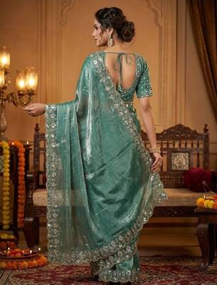 Green satin embroidered sequins work heavy look ethnic saree with blouse 2