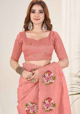 Peach georgette embroidered thread work heavy look ethnic saree with blouse 5