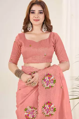 Peach georgette embroidered thread work heavy look ethnic saree with blouse
