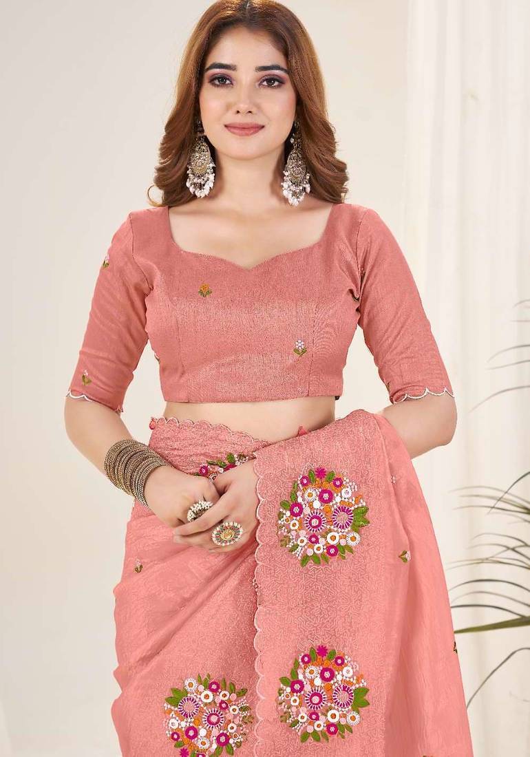 Peach georgette embroidered thread work heavy look ethnic saree with blouse