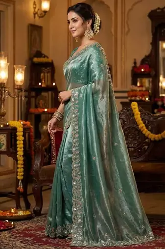 Green satin embroidered sequins work heavy look ethnic saree with blouse