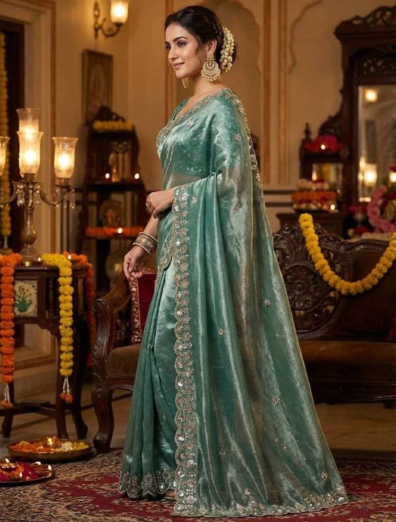 Green satin embroidered sequins work heavy look ethnic saree with blouse