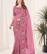 Purple georgette embroidered thread work heavy look ethnic saree with blouse