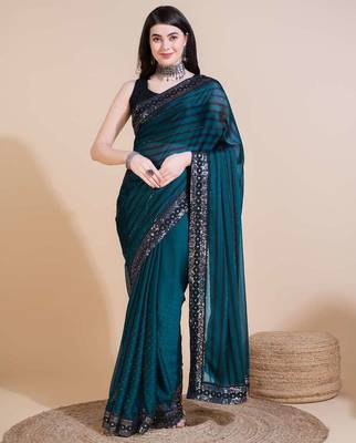 Green silk embroidered sequins work heavy look ethnic saree with blouse 1