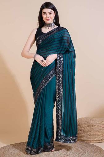 Green silk embroidered sequins work heavy look ethnic saree with blouse