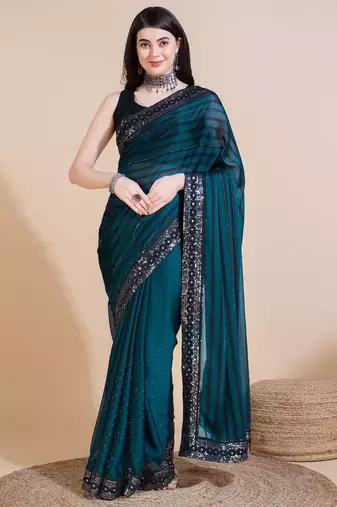 Green silk embroidered sequins work heavy look ethnic saree with blouse