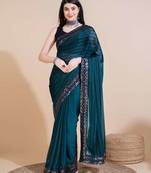 Green silk embroidered sequins work heavy look ethnic saree with blouse