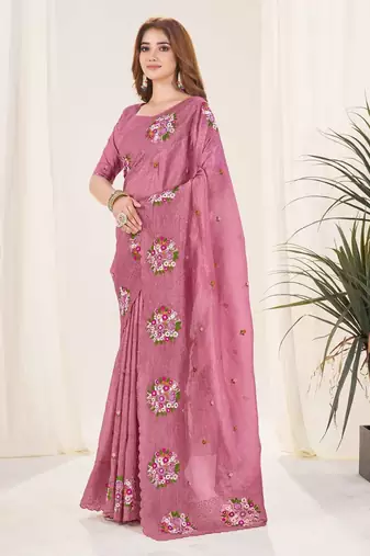 Purple georgette embroidered thread work heavy look ethnic saree with blouse
