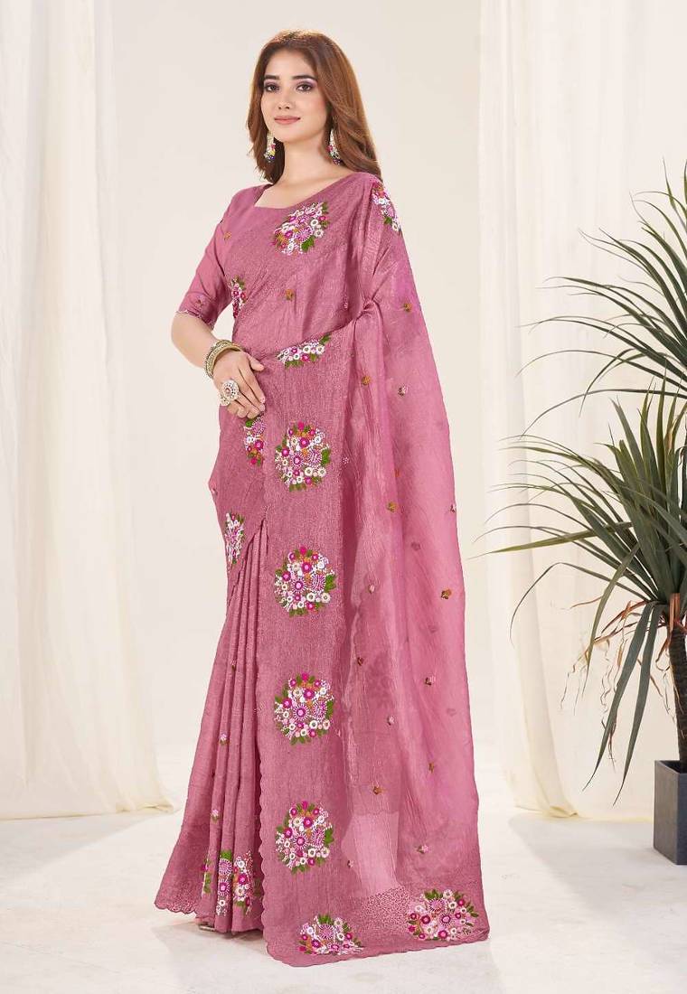 Purple georgette embroidered thread work heavy look ethnic saree with blouse