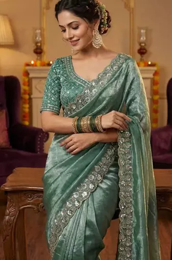 Green satin embroidered sequins work heavy look ethnic saree with blouse