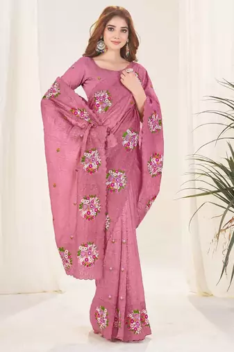 Purple georgette embroidered thread work heavy look ethnic saree with blouse
