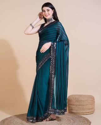 Green silk embroidered sequins work heavy look ethnic saree with blouse 2