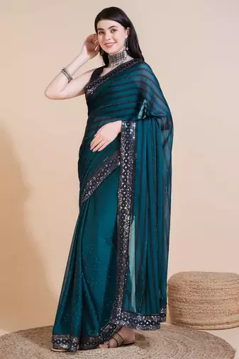 Green silk embroidered sequins work heavy look ethnic saree with blouse