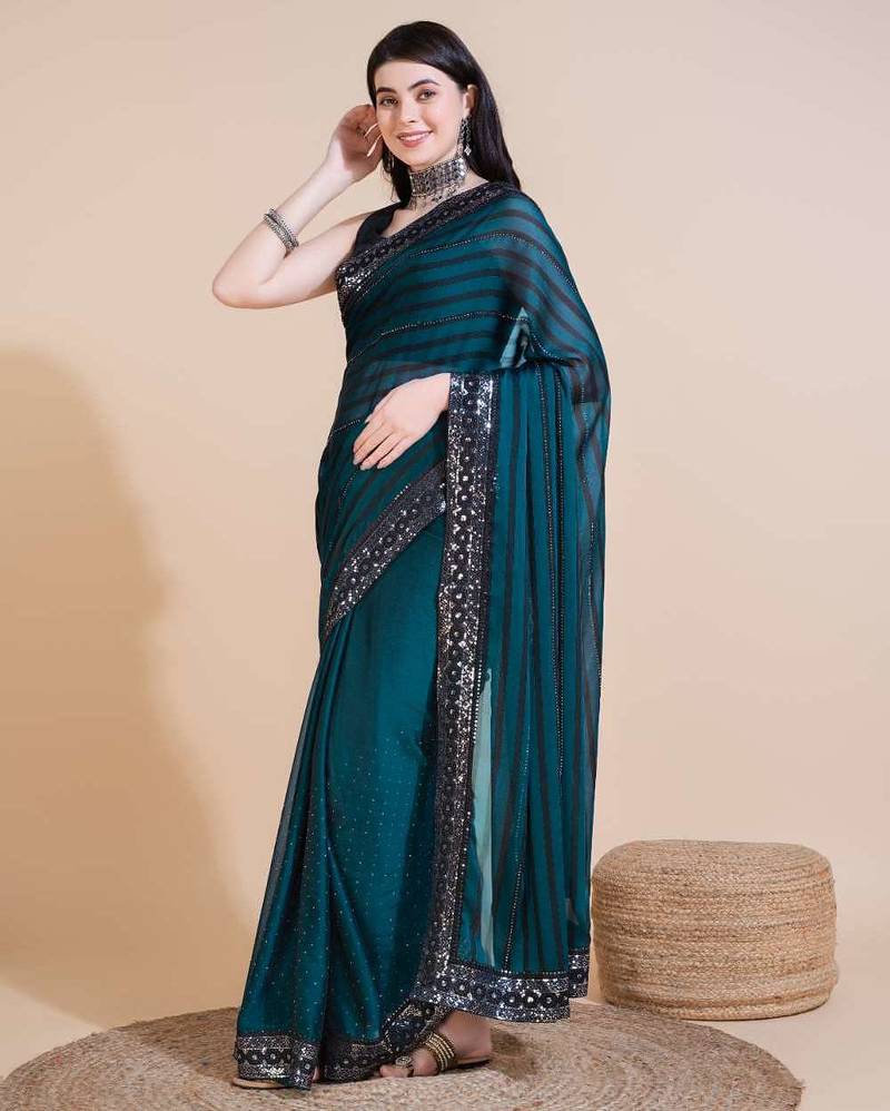 Green silk embroidered sequins work heavy look ethnic saree with blouse