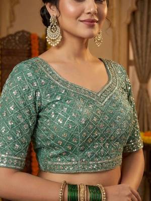 Green satin embroidered sequins work heavy look ethnic saree with blouse 5