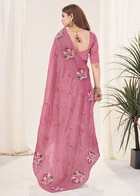 Purple georgette embroidered thread work heavy look ethnic saree with blouse 4