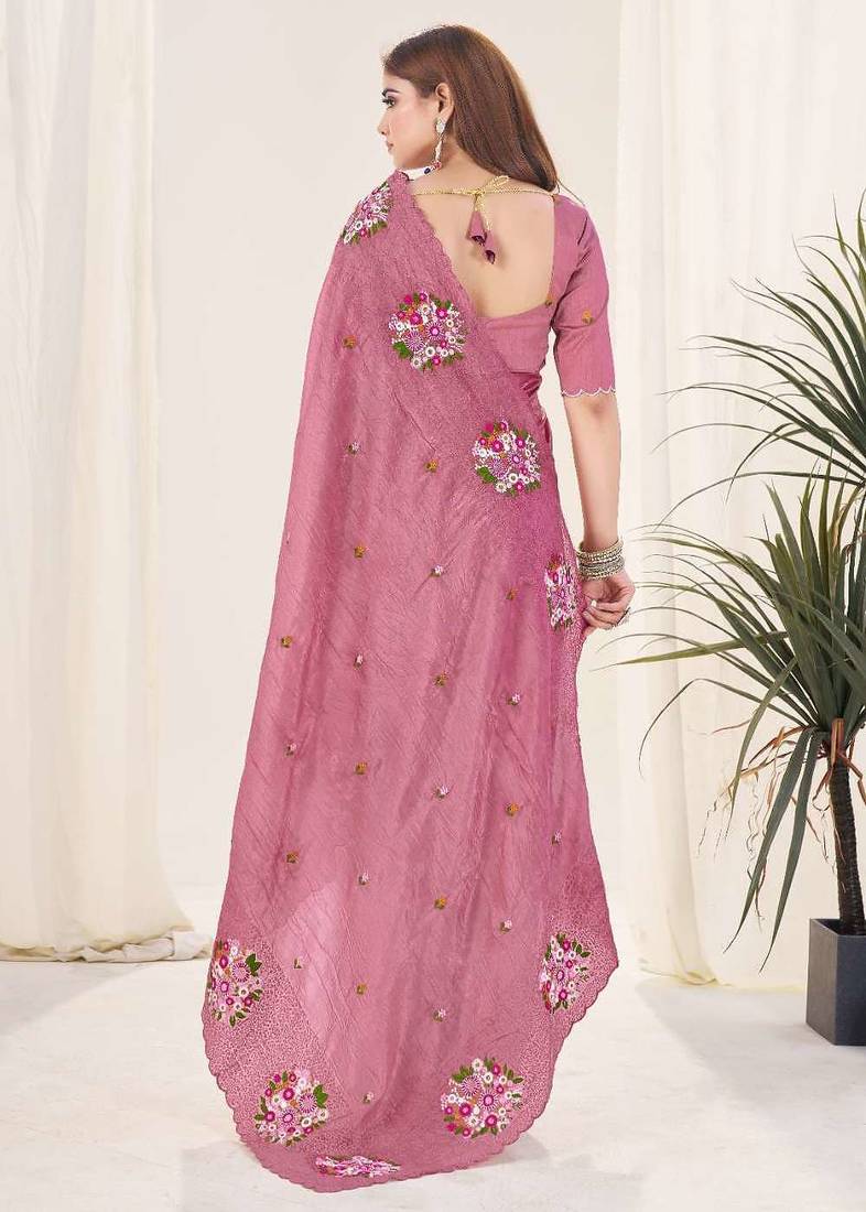 Purple georgette embroidered thread work heavy look ethnic saree with blouse