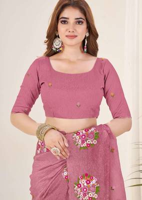 Purple georgette embroidered thread work heavy look ethnic saree with blouse 5