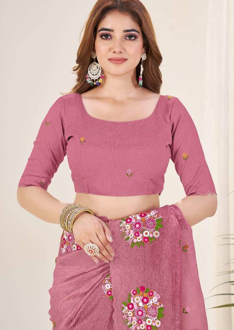 Purple georgette embroidered thread work heavy look ethnic saree with blouse