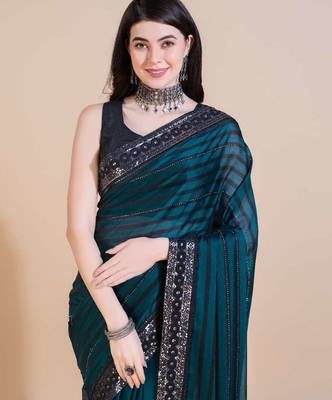 Green silk embroidered sequins work heavy look ethnic saree with blouse 4