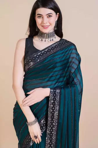 Green silk embroidered sequins work heavy look ethnic saree with blouse
