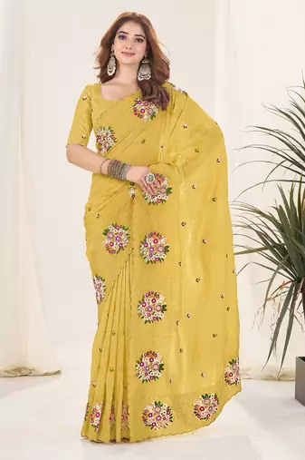 Yellow georgette embroidered thread work heavy look ethnic saree with blouse