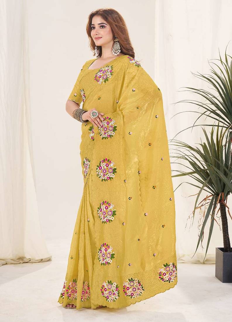Yellow georgette embroidered thread work heavy look ethnic saree with blouse